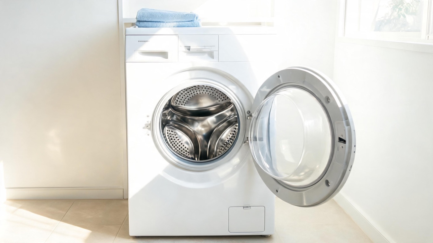扉を開けた清潔なドラム式洗濯機